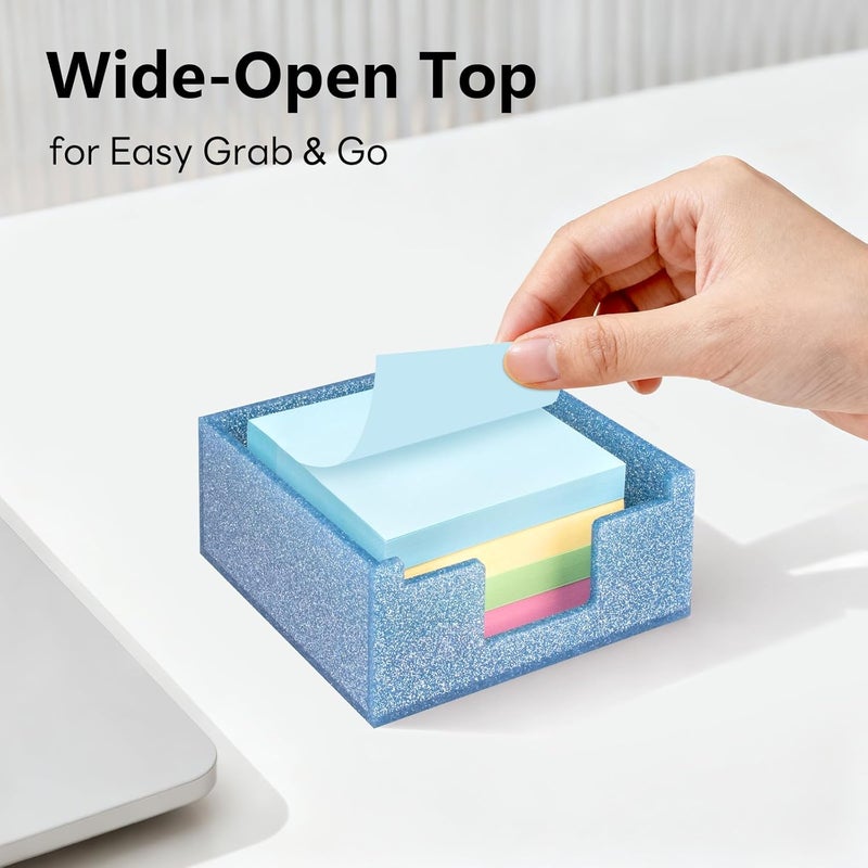 Luminzo Blue Sparkling Sticky Note Holder, Glitter Acrylic Organizer, 3.94 x 3.94 in Multi-Use Tray for Office, School & Home Desk - Image 5